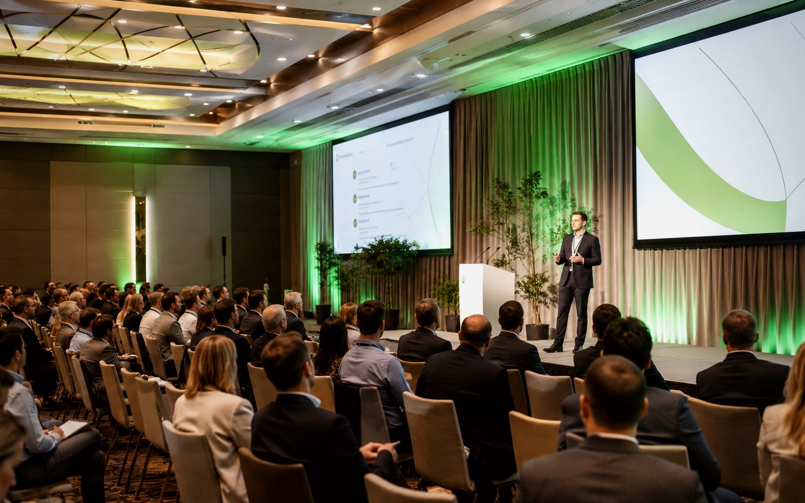 Speaker presenting to business audience in a professional congress setting