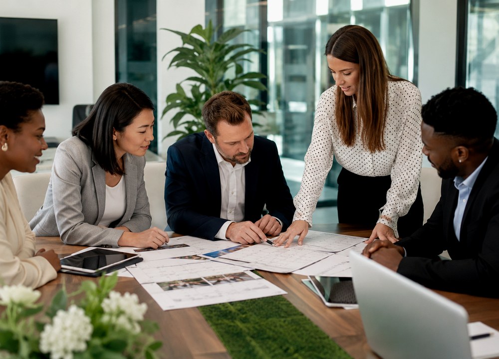 Team reviewing event layout on a table